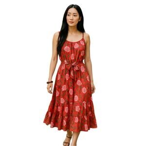 Rhode Lea Midi Dress Sleeveless Floral Print Flare 100% Cotton Red Green Pink XS